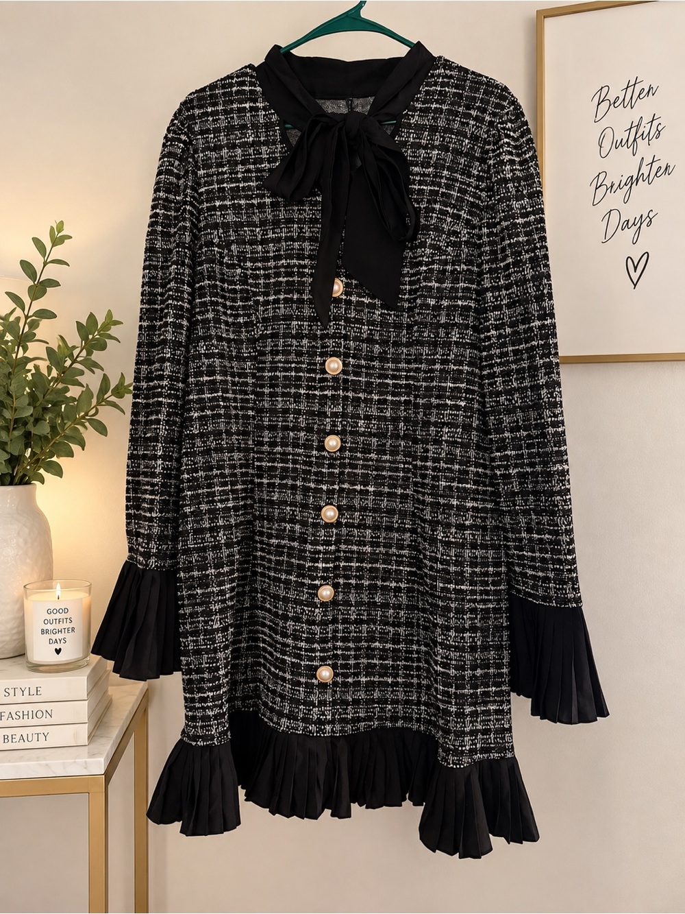 SHEIN Black & White Tweed Mini Dress Pearl Buttons Bow Detail